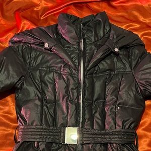 Black Puffer Winter Jacket With Belt